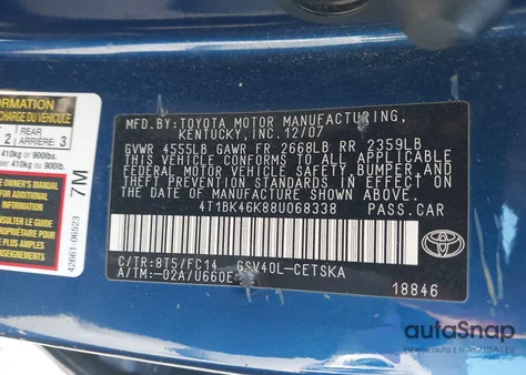 2008 Toyota Camry Se V6 из США, поврежденный, VIN 4T1BK46K88U068338